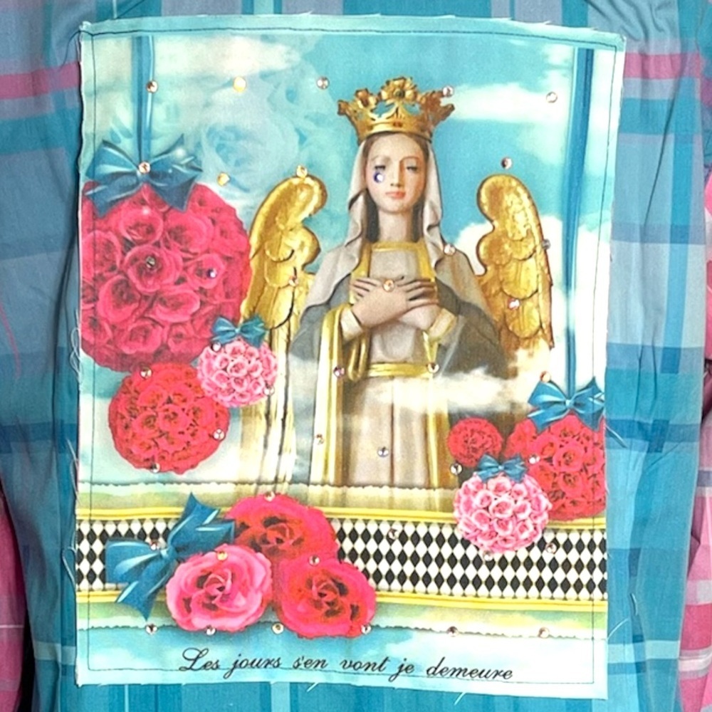 Fat Rat Family Pink Blue Plaid Rhinestone Angel Graphic Snap Button Shirt M/L - Picture 7 of 12